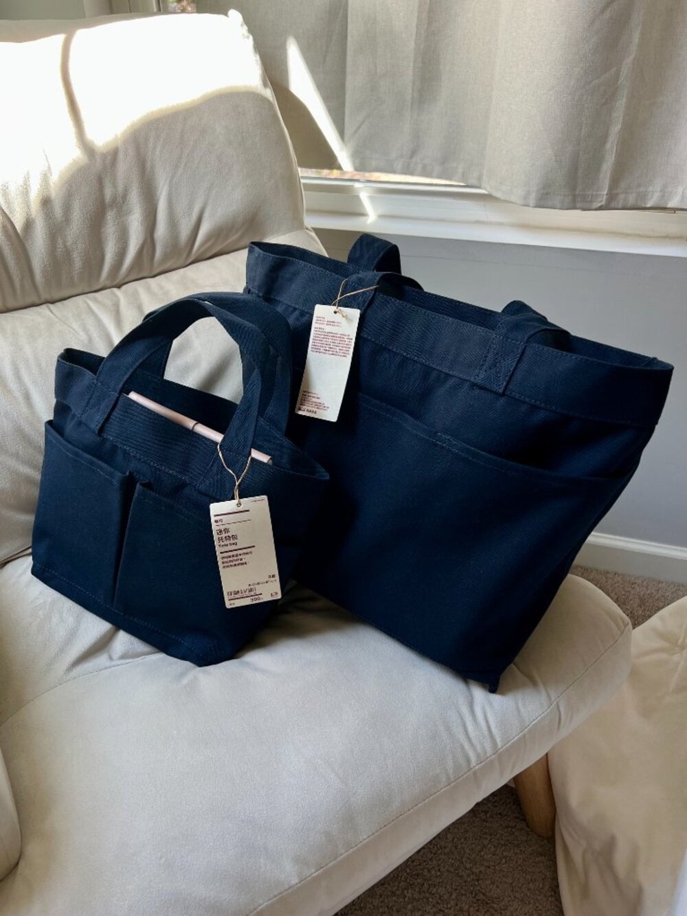 MUJI Navy Blue Canvas Tote Set (Large + Mini) | NWT | Mini Imported from Asia